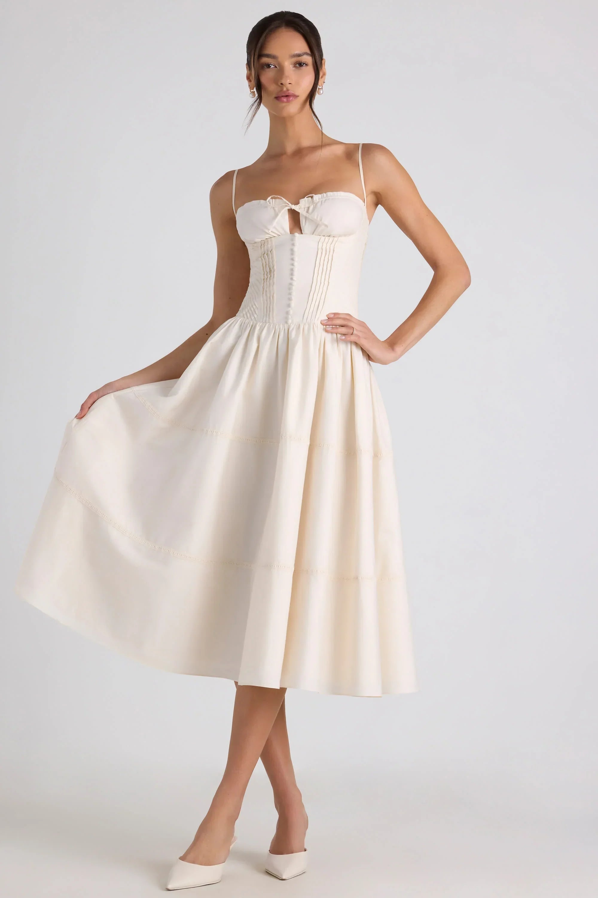 Lace Trim Pintucked Poplin Midaxi Dress in Ivory