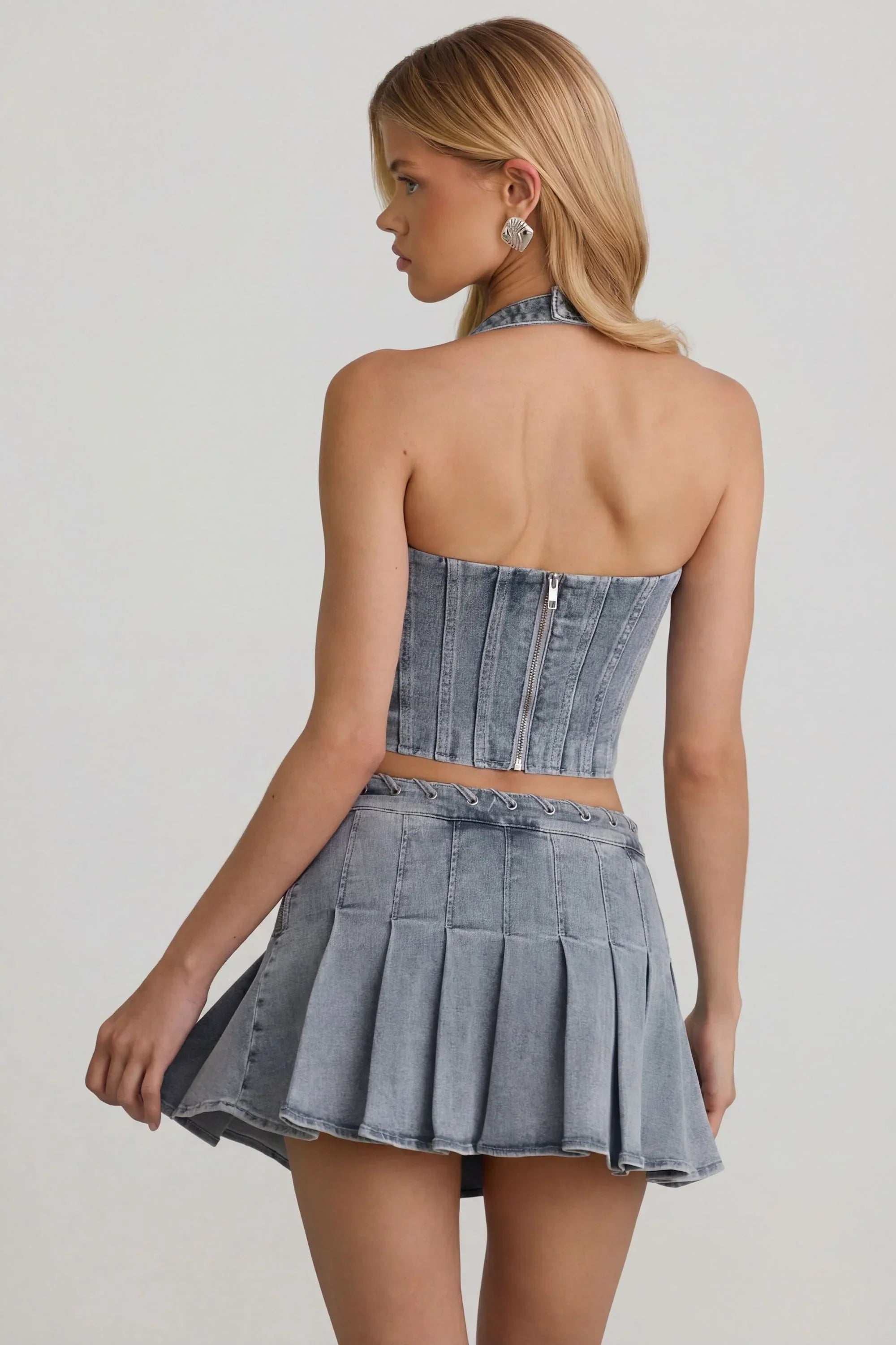 Low Rise Pleated Mini Skirt in Light Blue