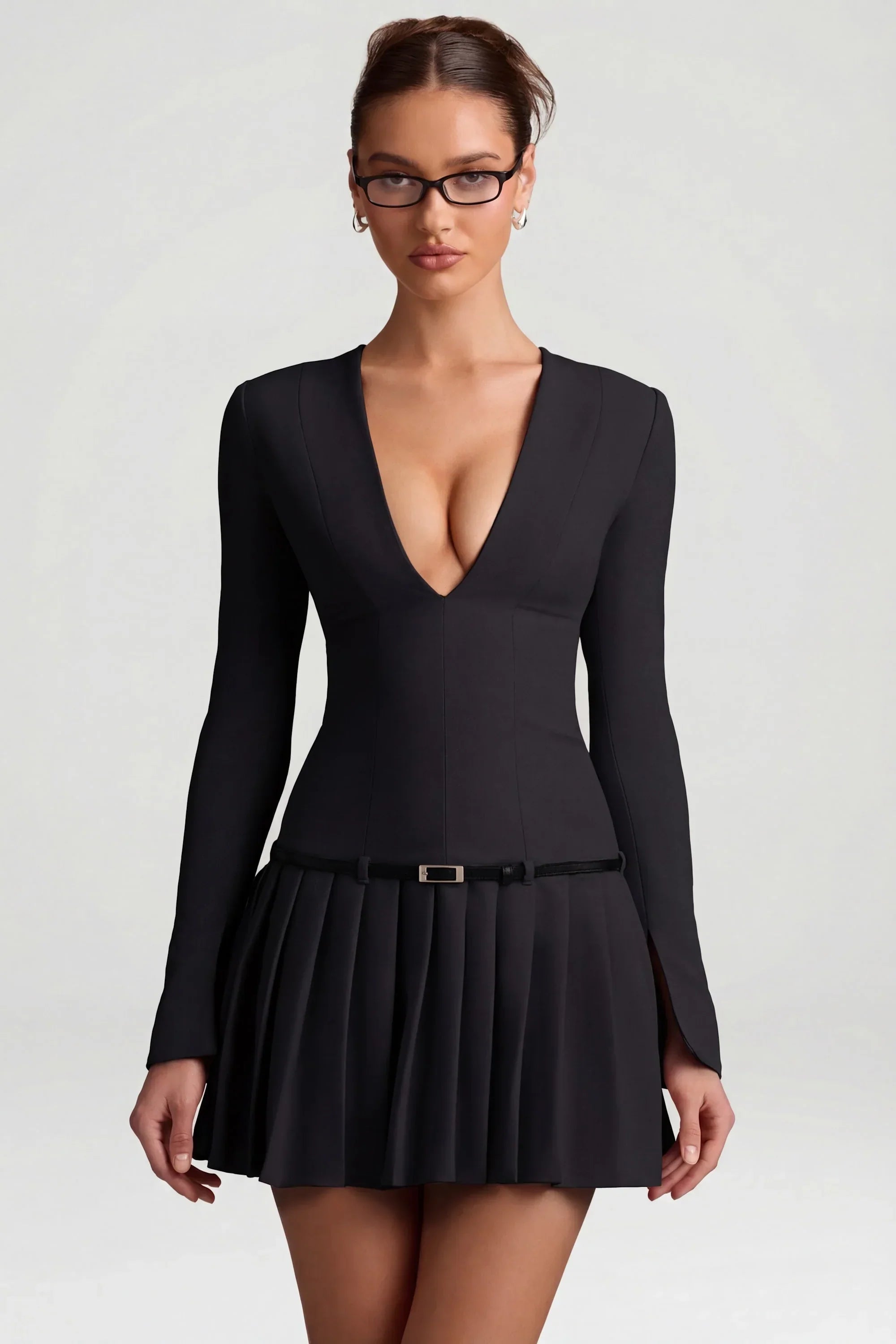 Long Sleeve Pleated Mini Dress in Black