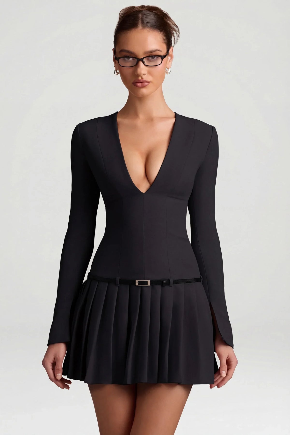 Long Sleeve Pleated Mini Dress in Black