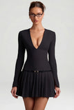 Long Sleeve Pleated Mini Dress in Black