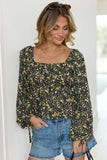 Evelina Black And Yellow Floral Ruched Babydoll Top