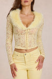 Lace Faux Fur Trim Cardigan in Lemon Yellow