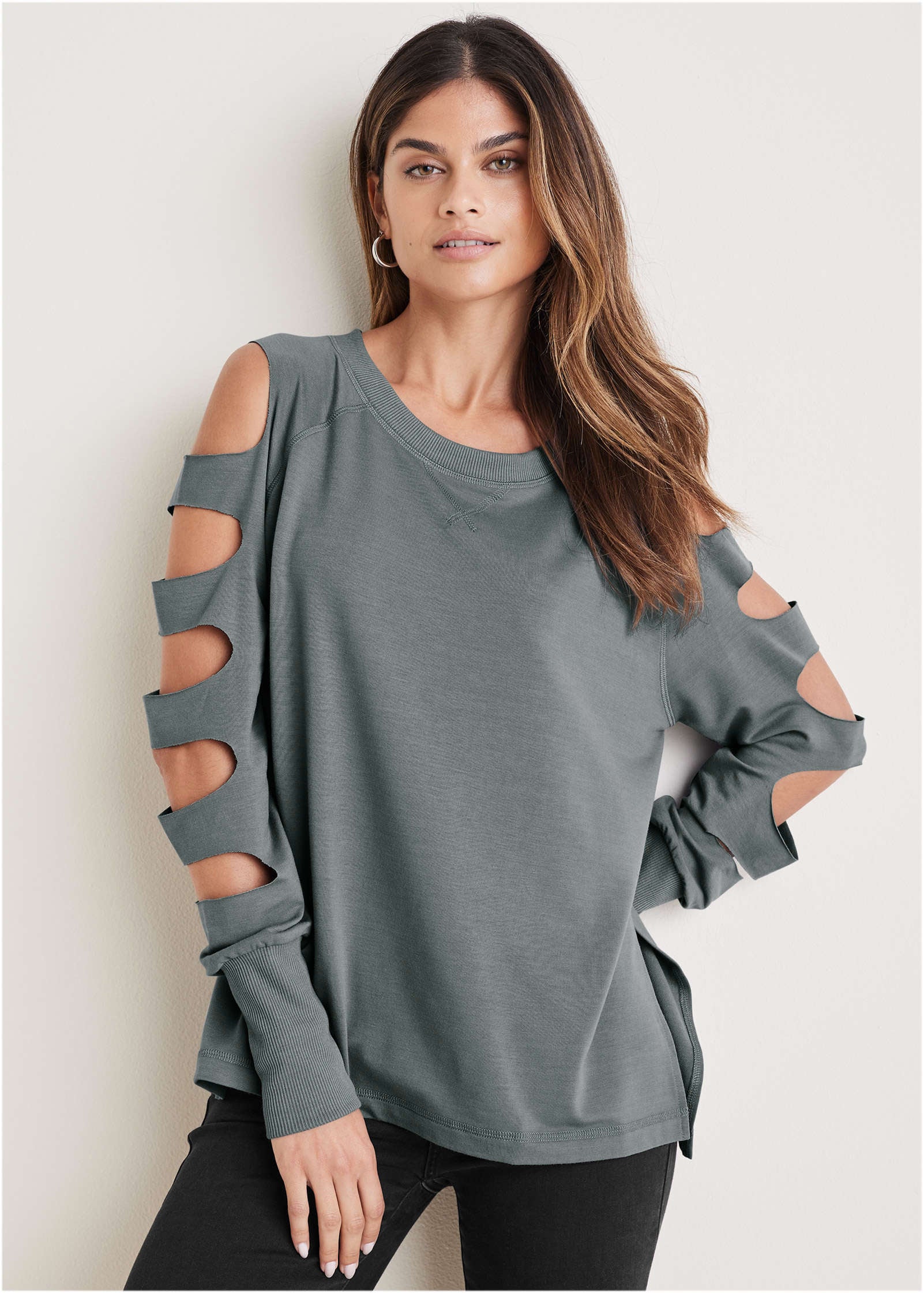 Cutout Sleeve Sweatshirt Seafog