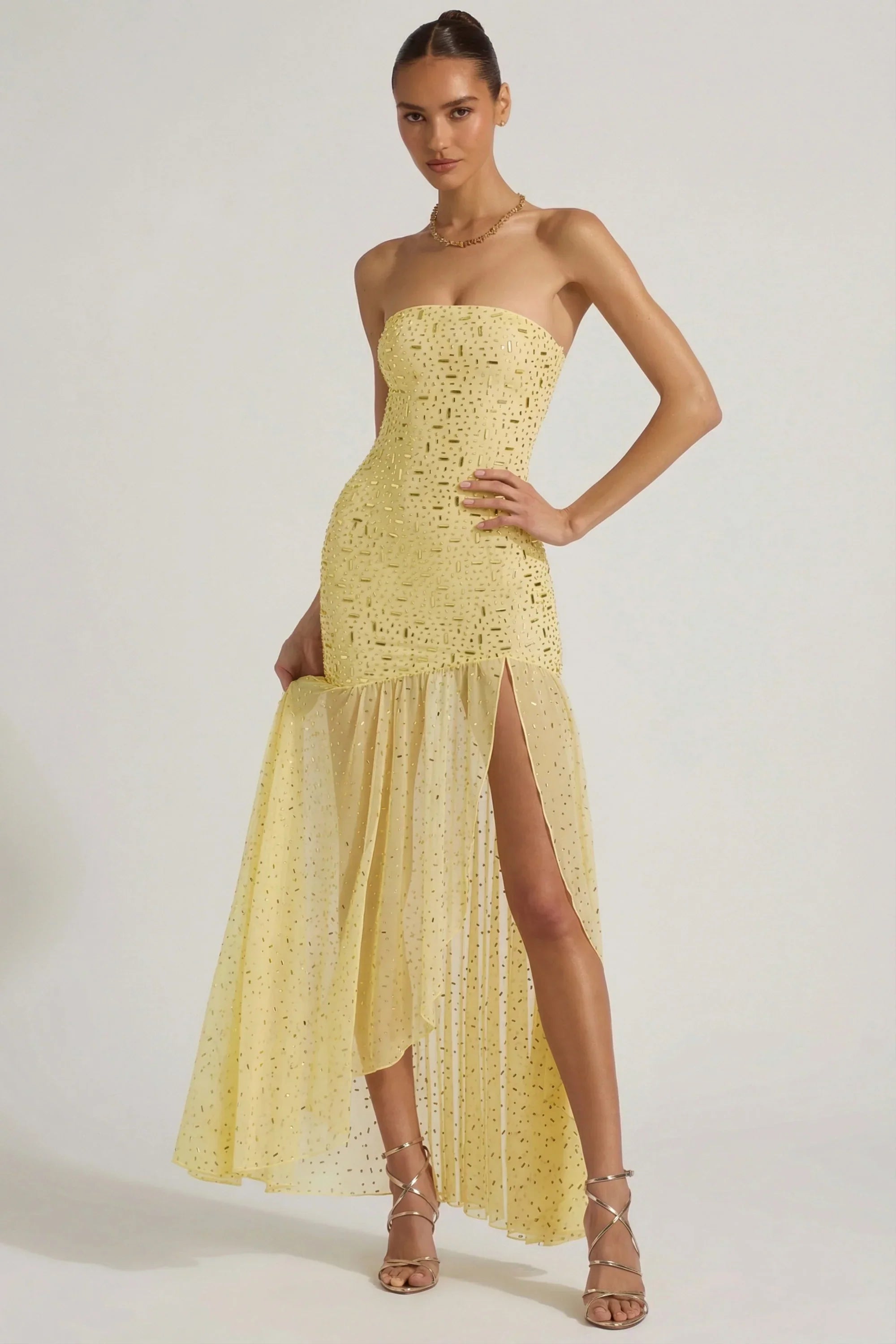 Semi Sheer Embellished Asymmetric Maxi Dress in Yellow