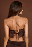 Fringed Bandeau Lace up Crop Top in Chocolate Brown