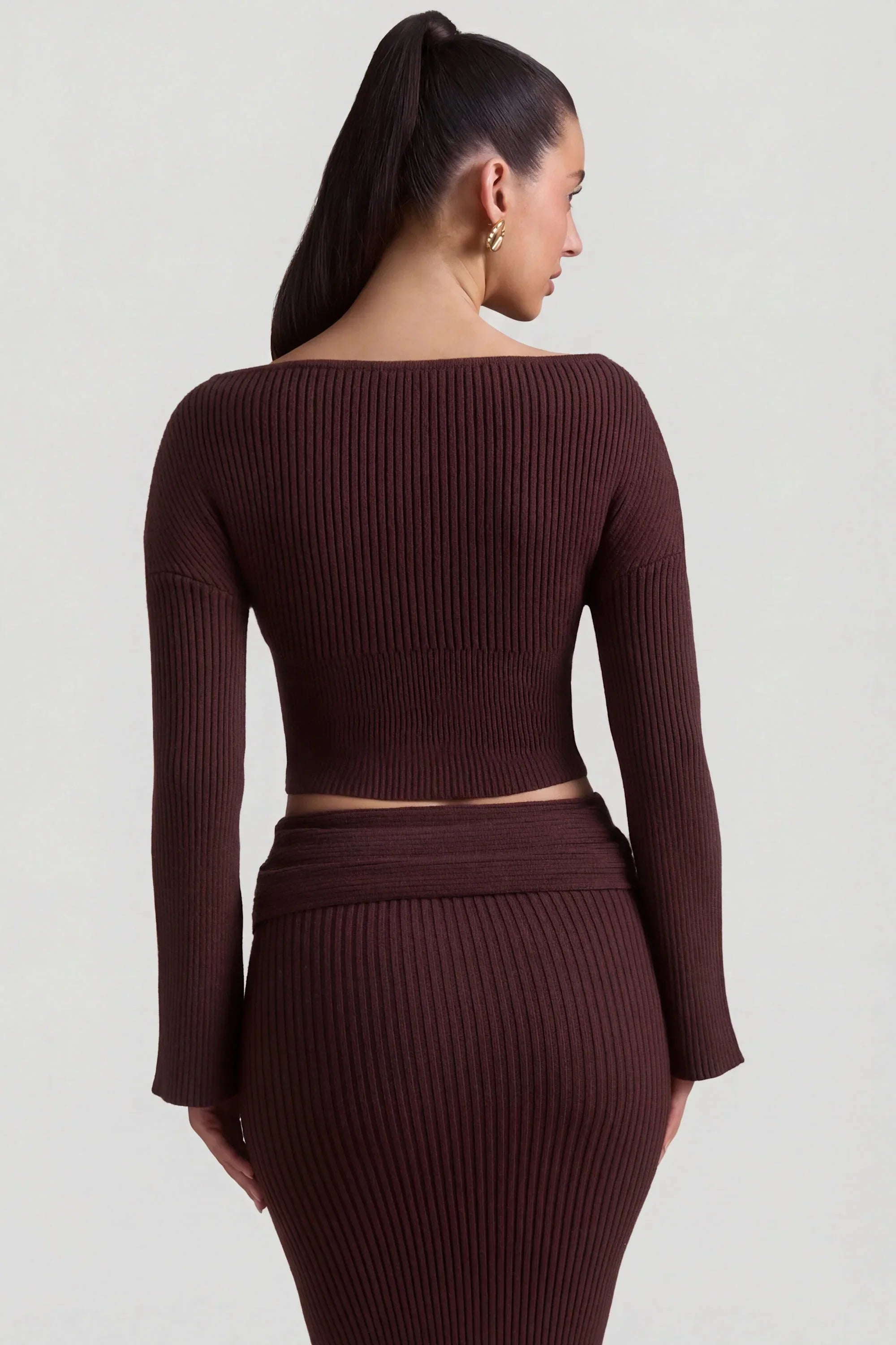 Ribbed Knit Slash Neck Top in Espresso