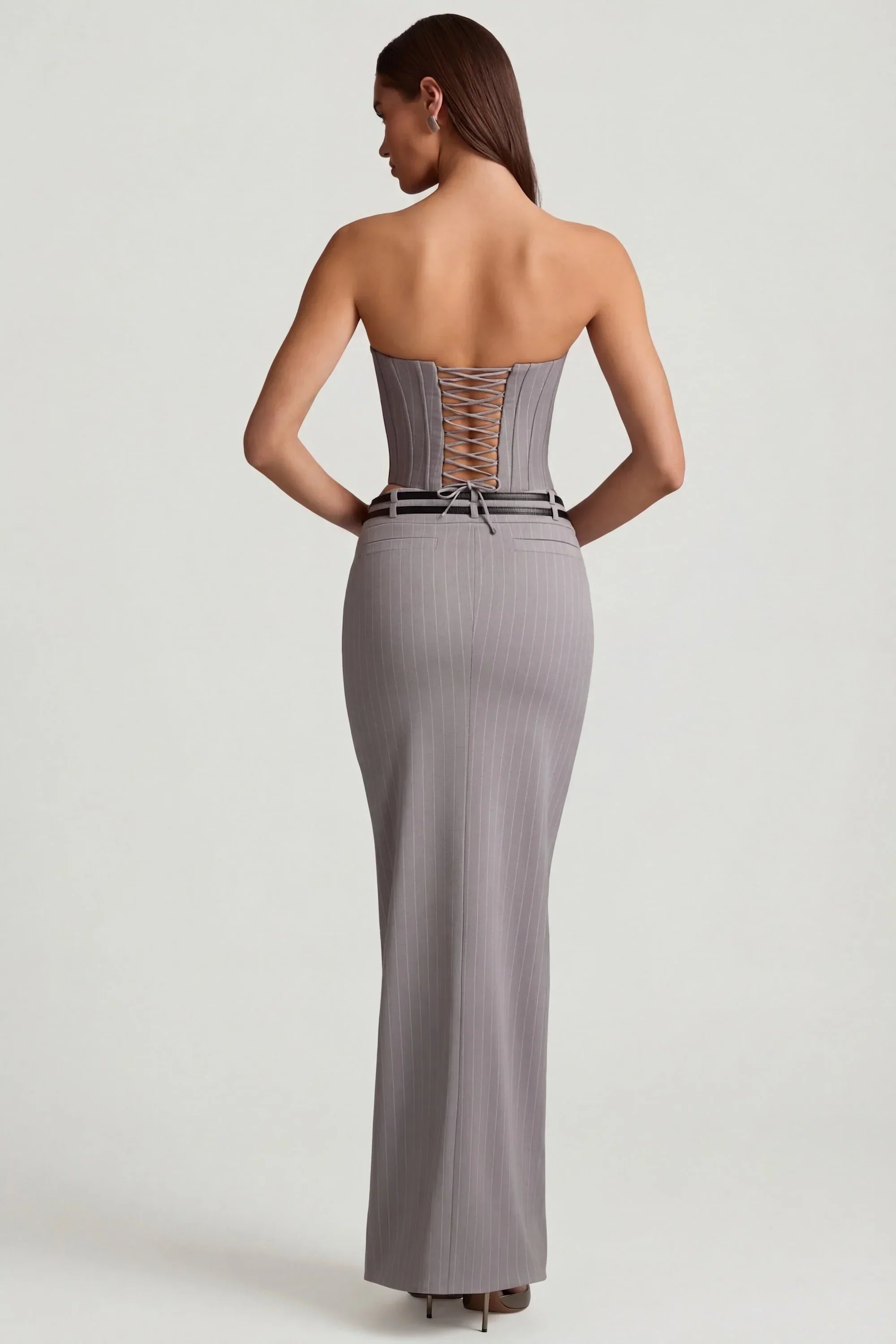 Pinstripe Low Rise Maxi Skirt in Grey