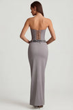 Pinstripe Low Rise Maxi Skirt in Grey