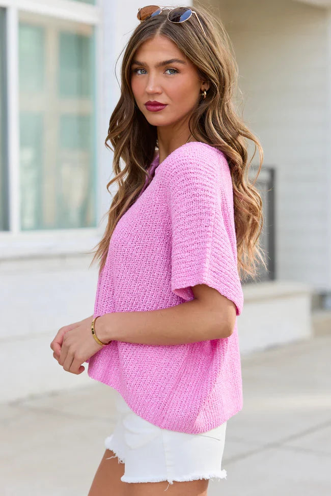 Alana Pink Open Knit Short Sleeve Sweater