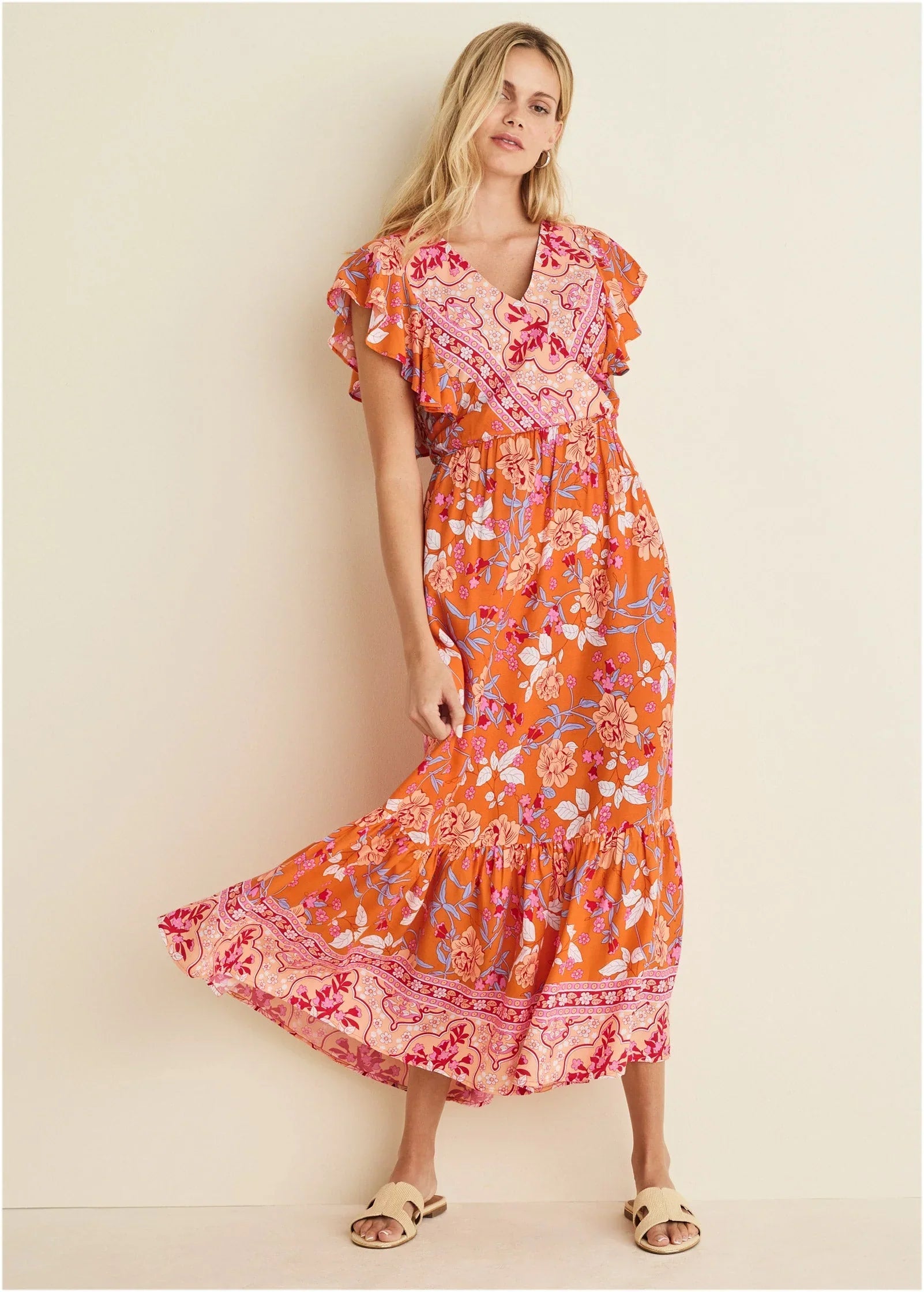 Flutter Sleeve Midi Dress Orange Multi