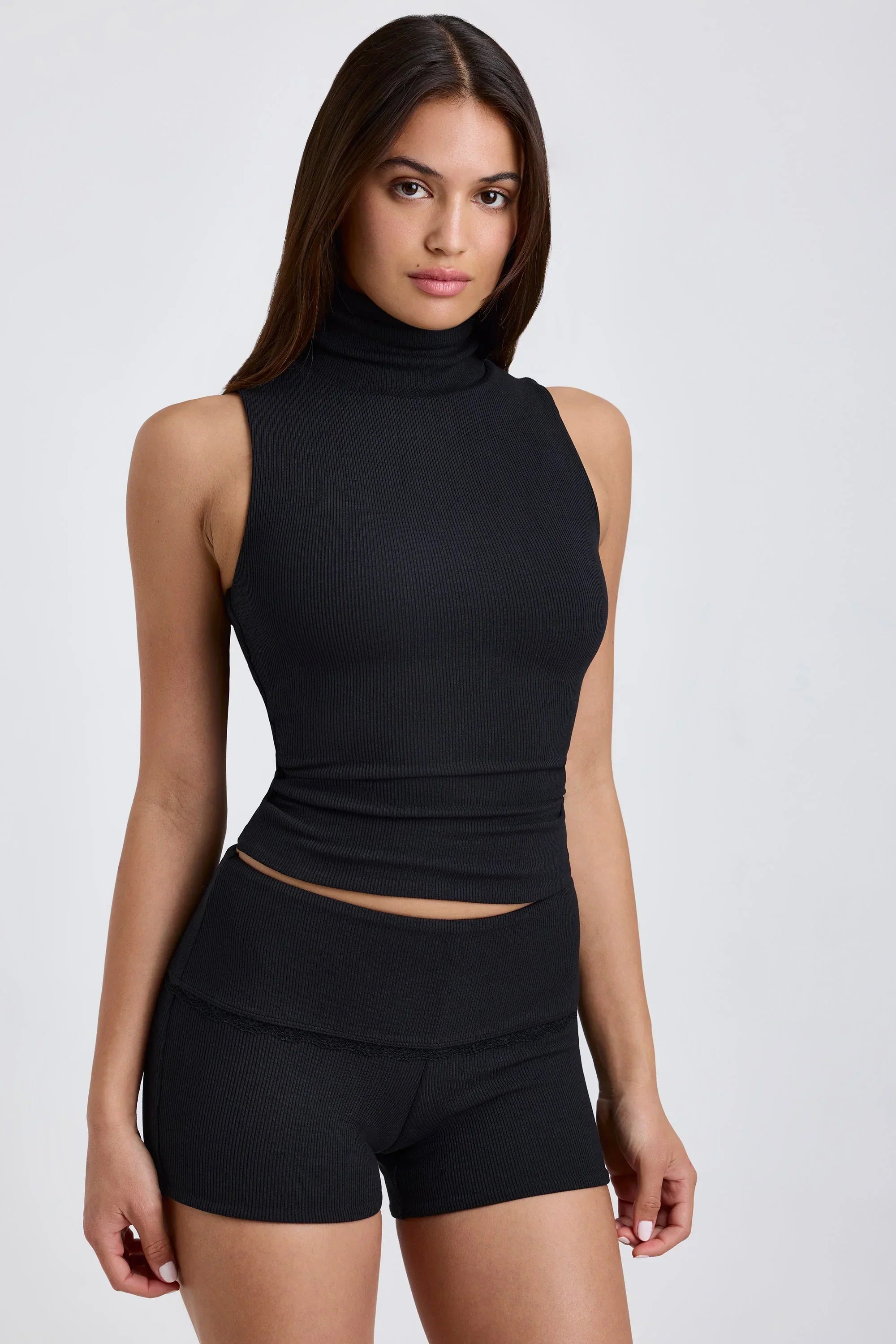 Modal Ribbed Mid Rise Foldover Shorts in Black