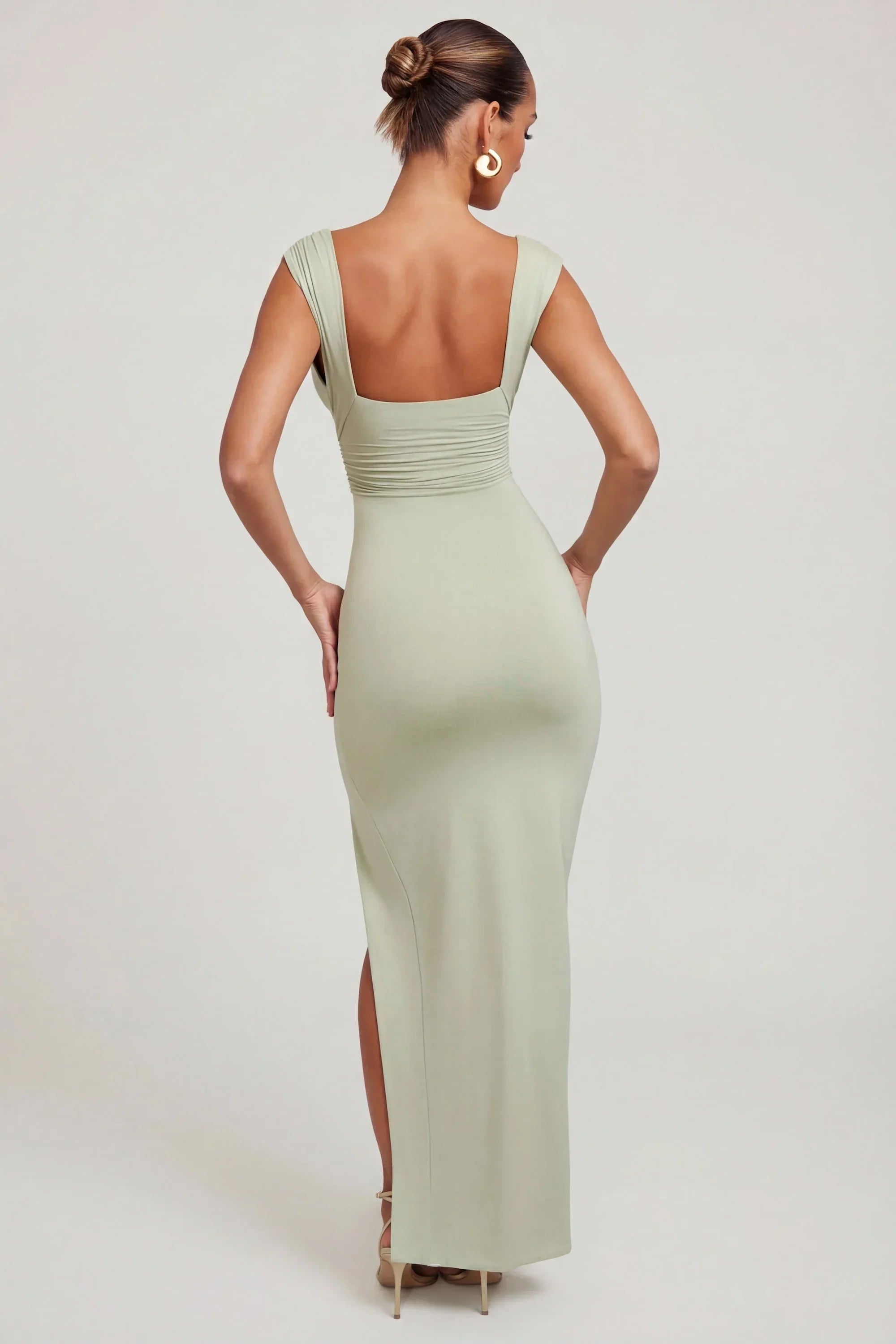 High Split Plunge Neck Maxi Dress in Sage