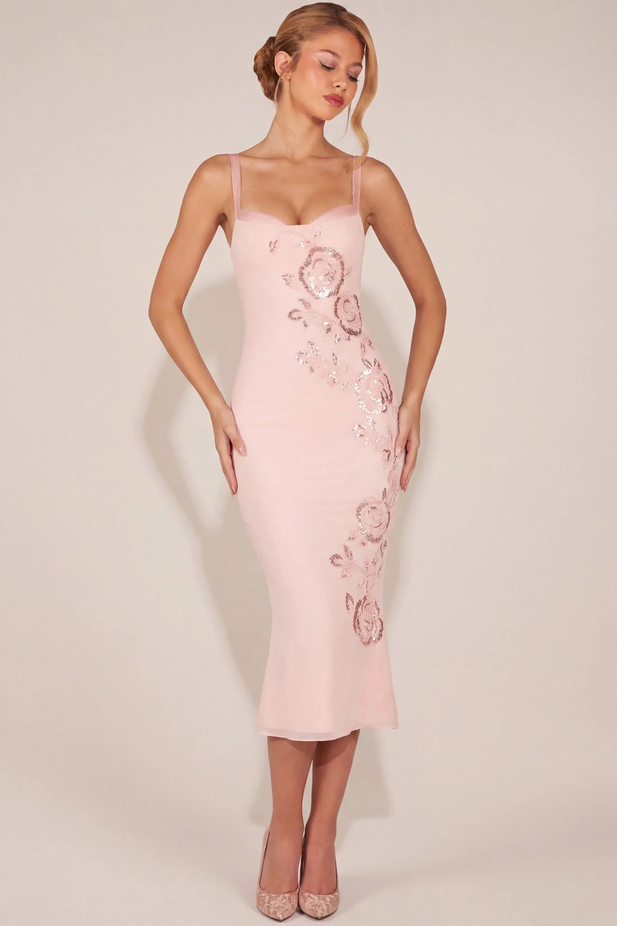 Embellished Peekaboo Fluted Hem Midaxi Dress in Pink