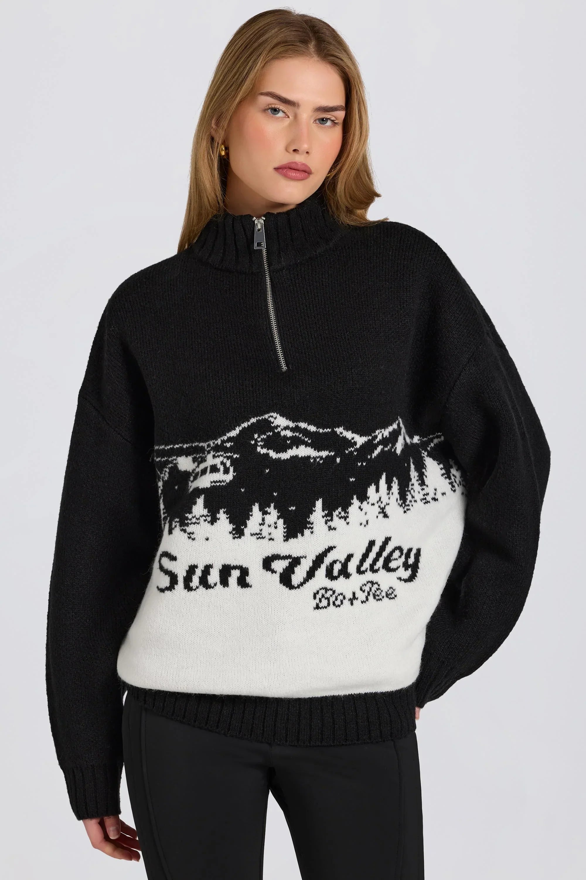 Knit Quarter Zip Turtleneck Oversized Jumper in Black