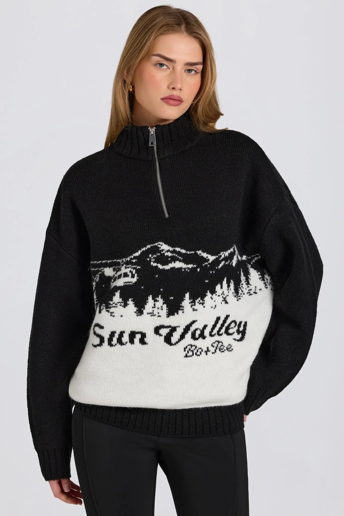 Knit Quarter Zip Turtleneck Oversized Jumper in Black