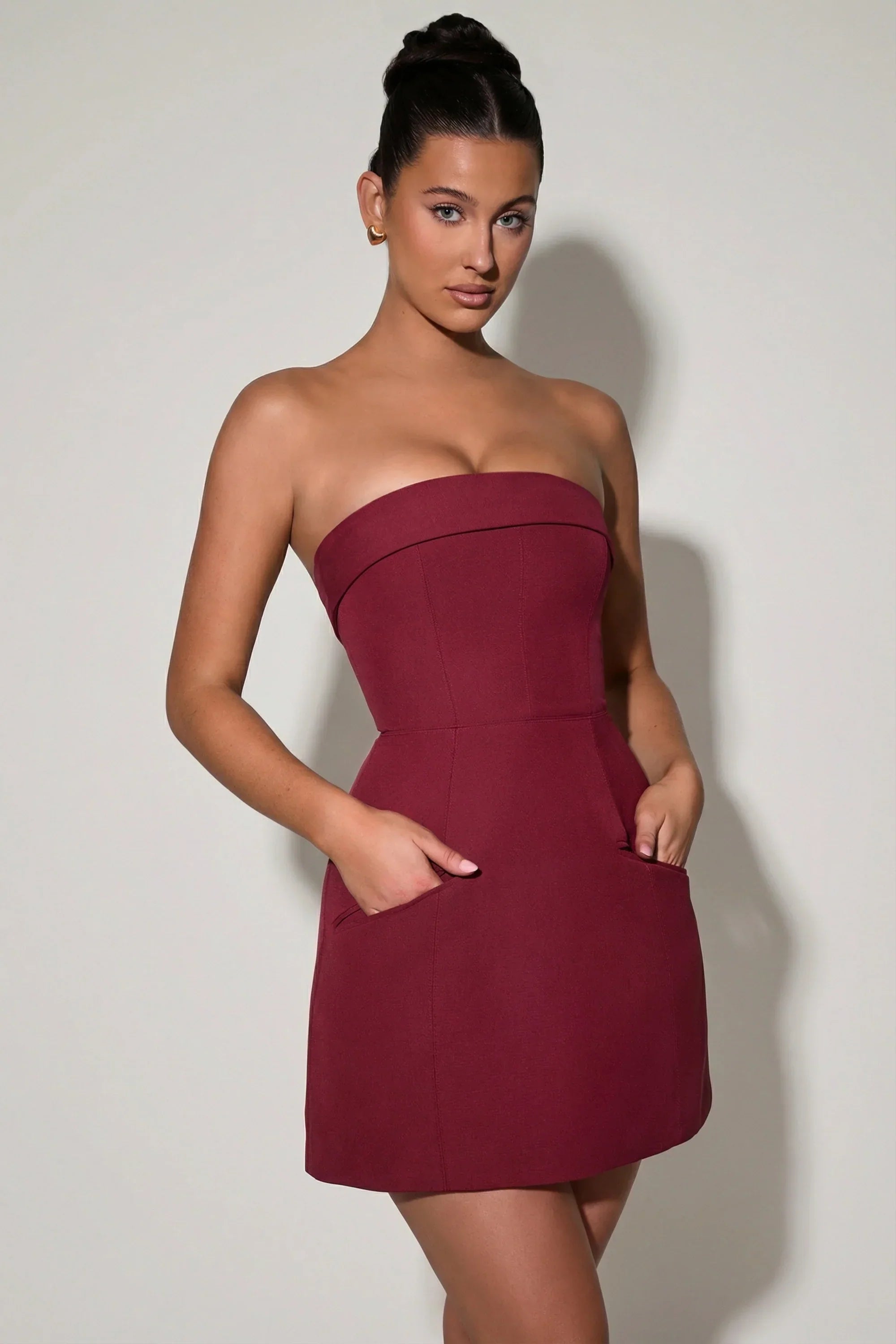 Foldover Neck Strapless Structured A Line Mini Dress in Wine Red