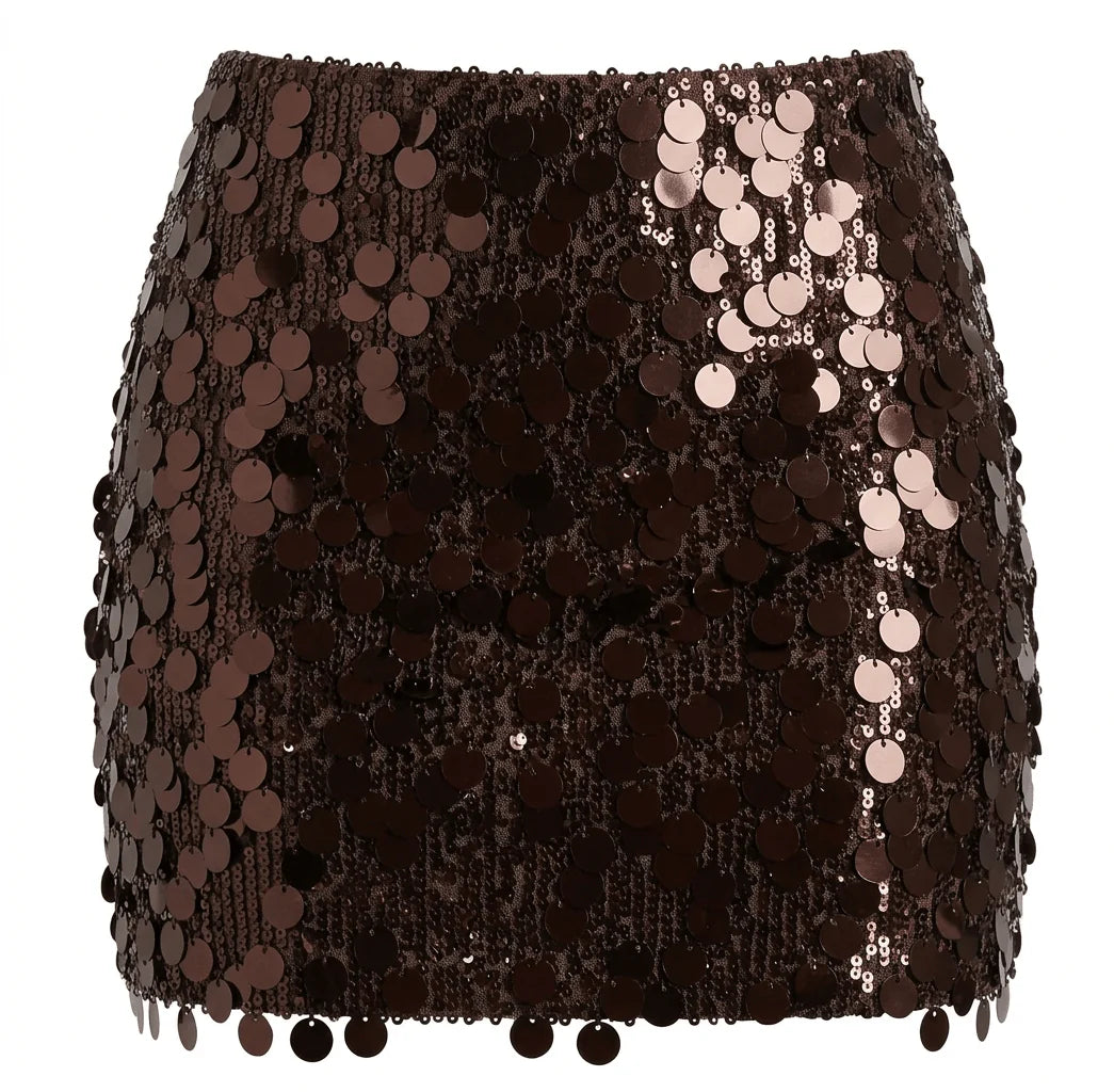 Nostalgic Nights Sequin Mini Skirt Brown