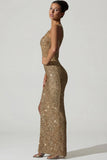 Embellished Asymmetric Cut Out Gown in Gold