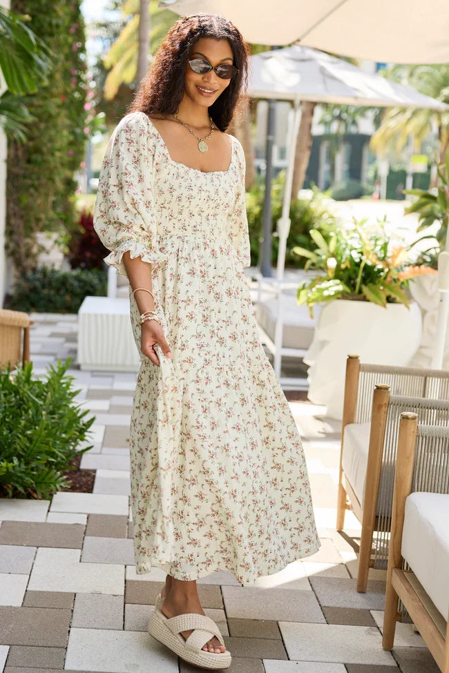 Thalia Neutral Floral Smocked Top Dress SALE