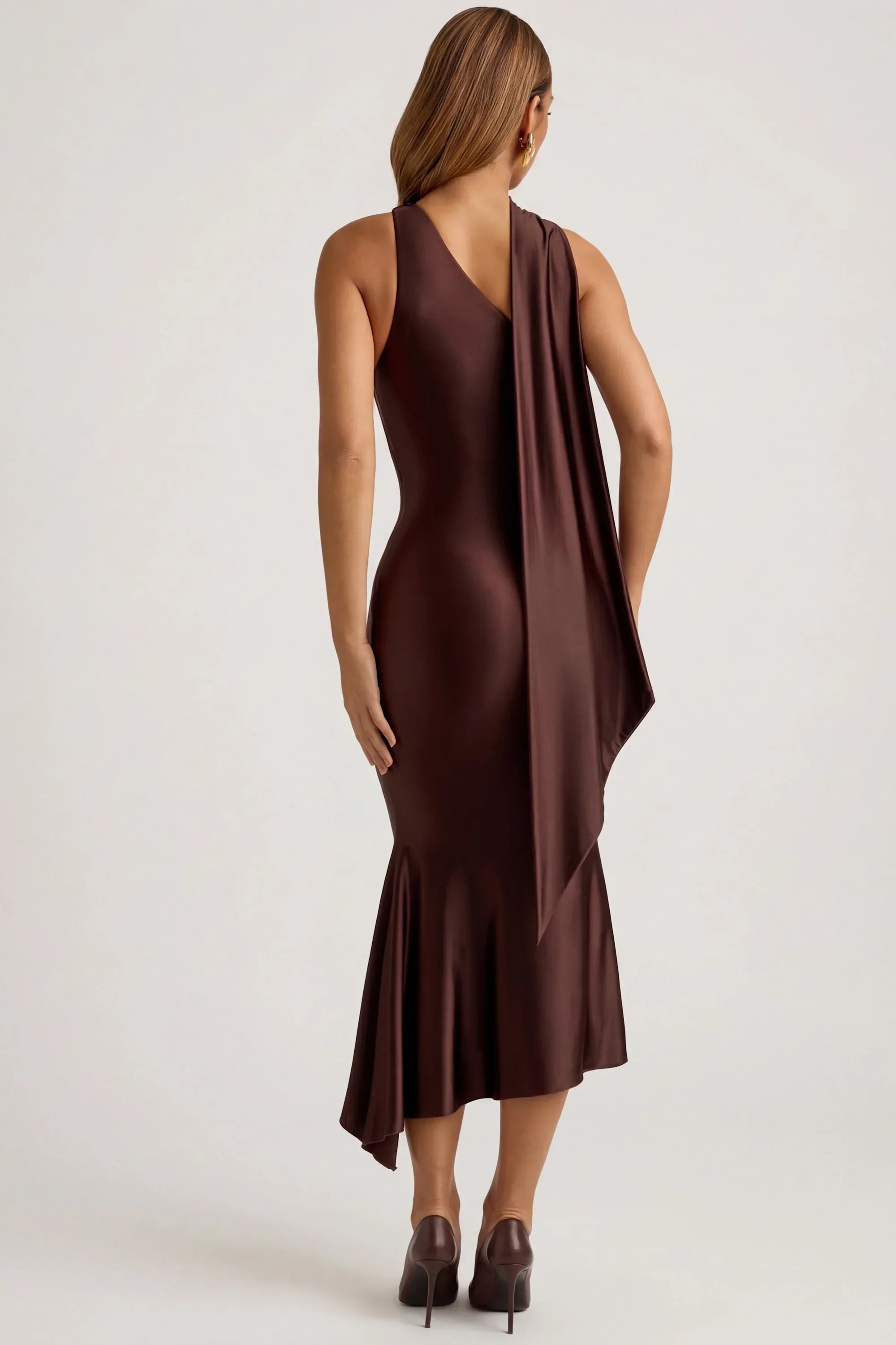 Asymmetric Scarf Detail Midaxi Dress in Chocolate Brown