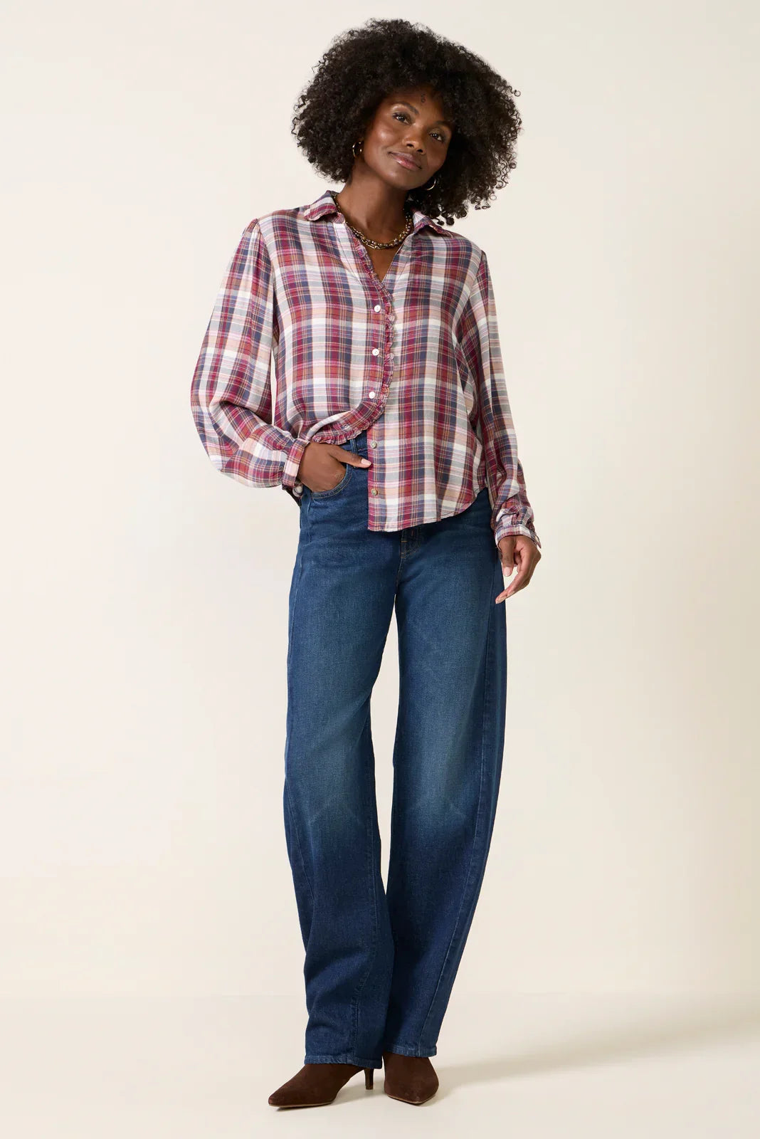Plaid Ruffle Button Down