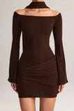 Knit Scarf Detail Off Shoulder Mini Dress in Chocolate Brown