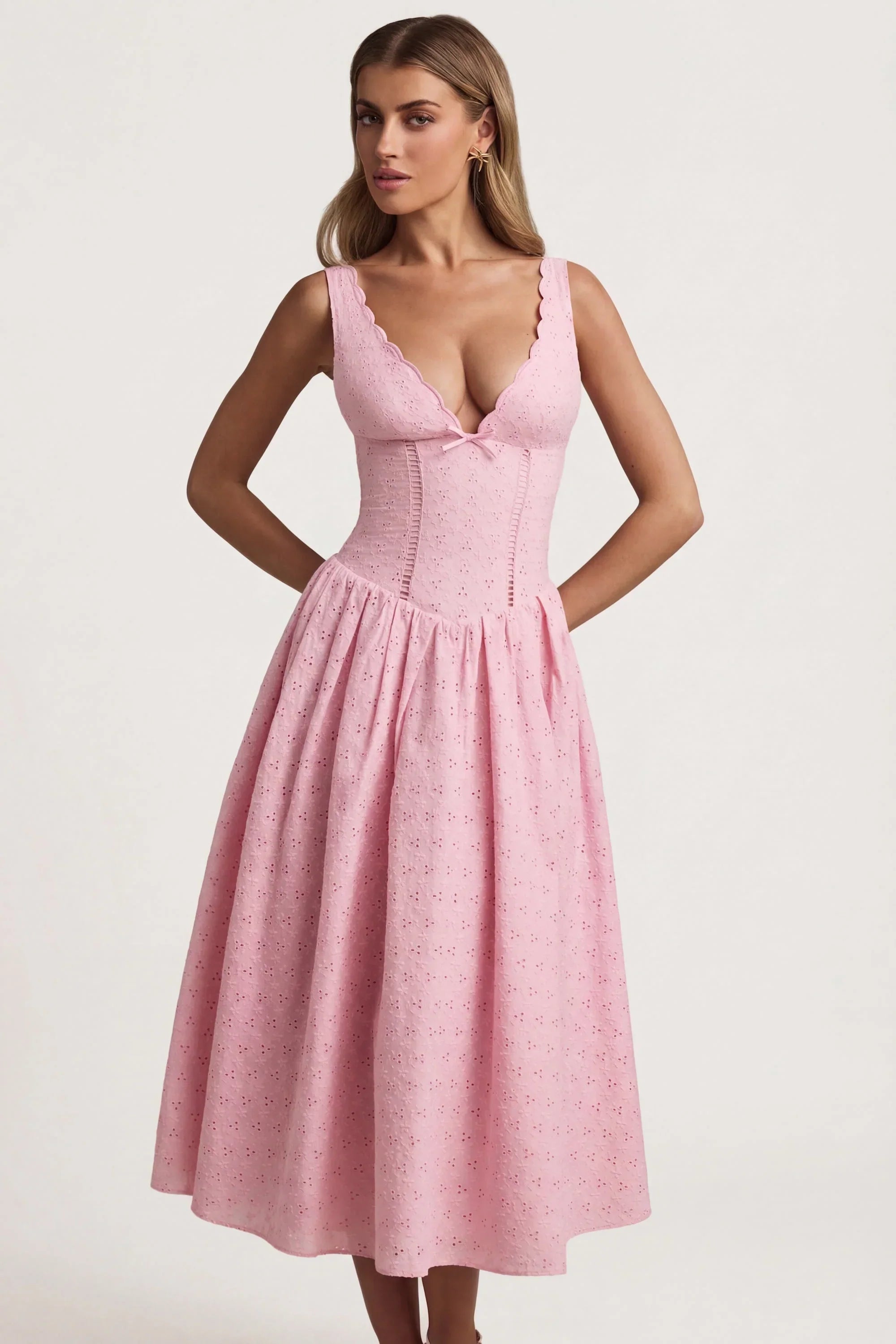 Broderie Anglaise Bow Detail A Line Midaxi Dress in Soft Pink