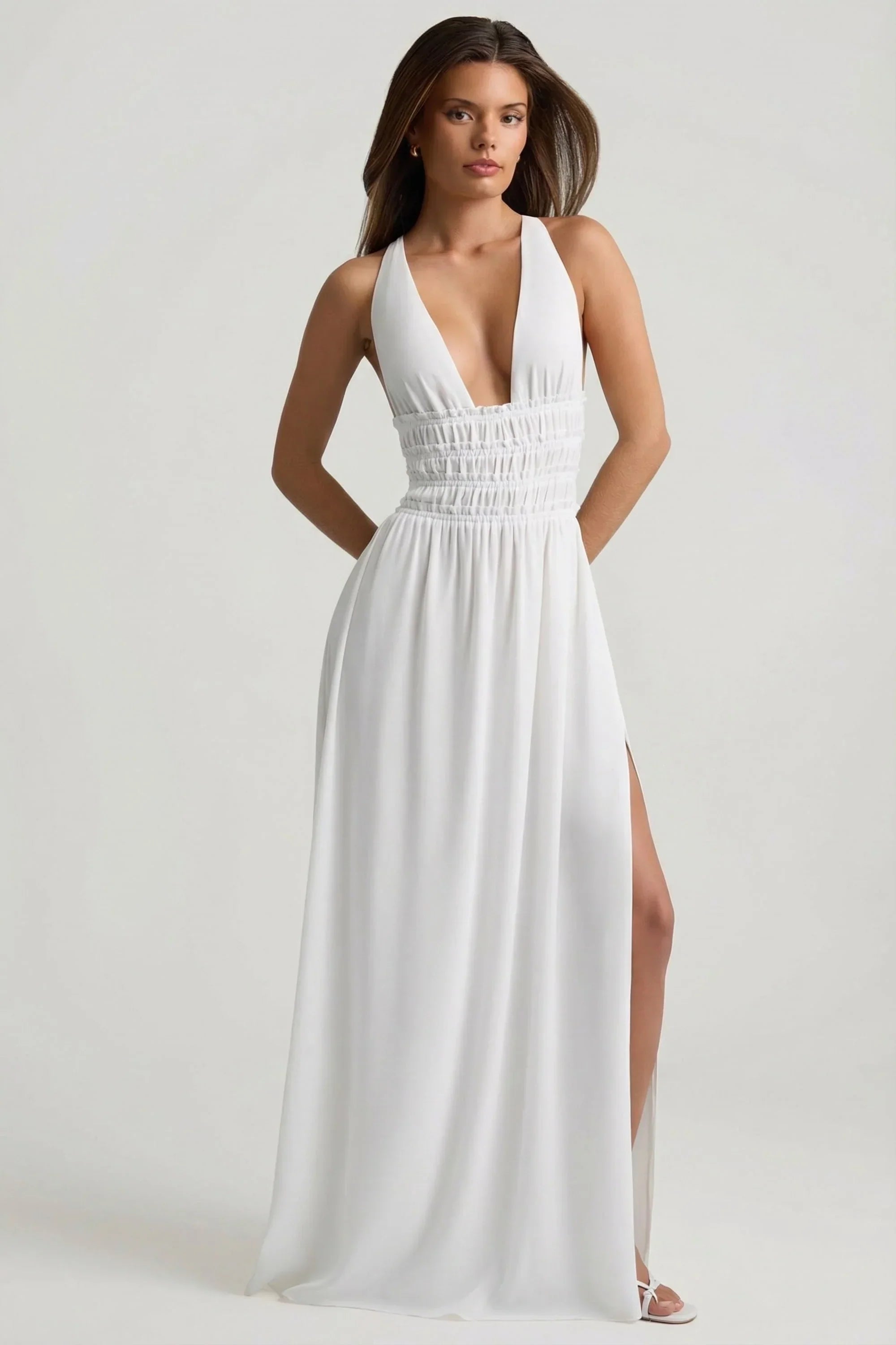 Plunge Cross Back Maxi Dress in White