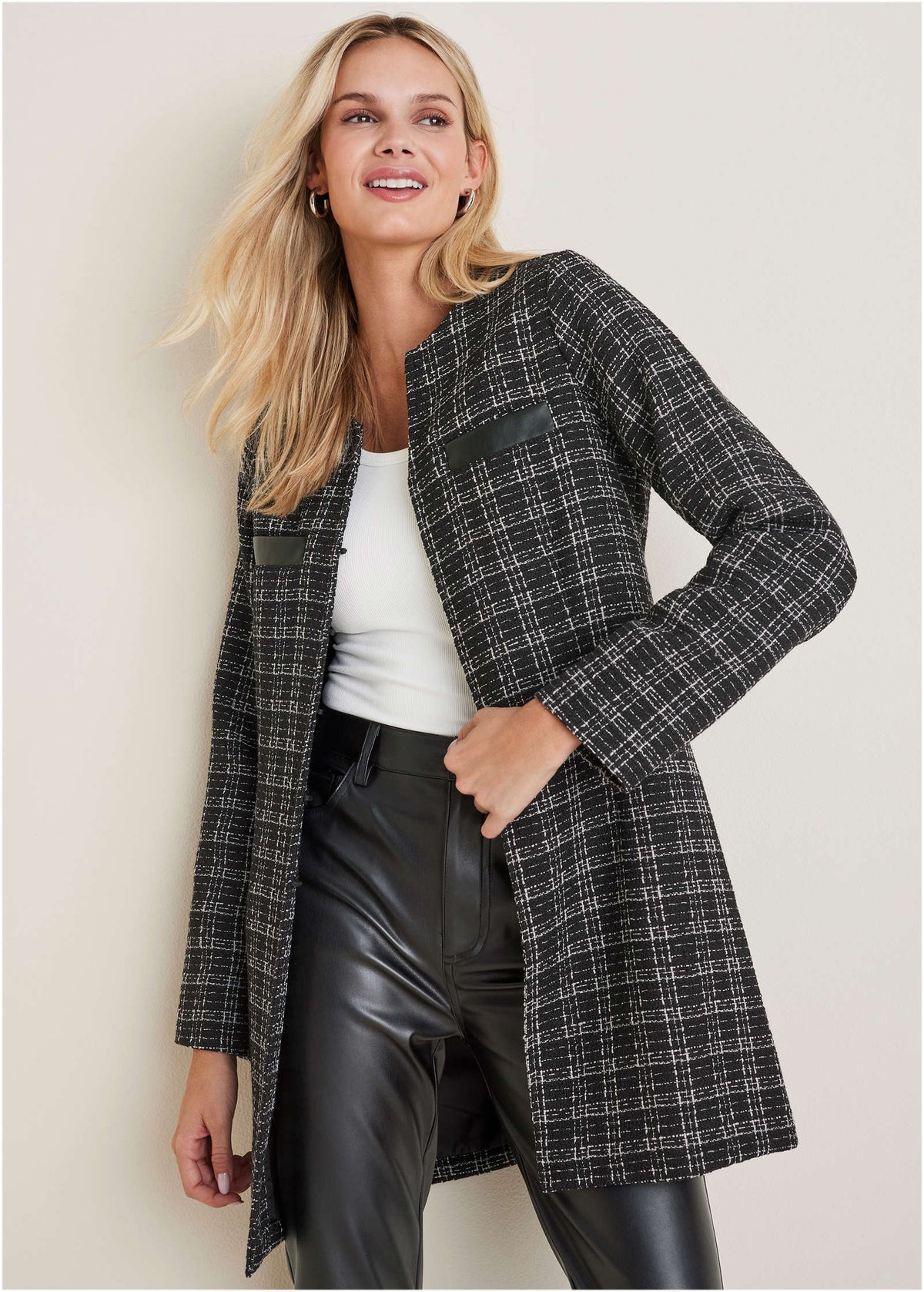 Tweed And Faux Leather Coat Black White