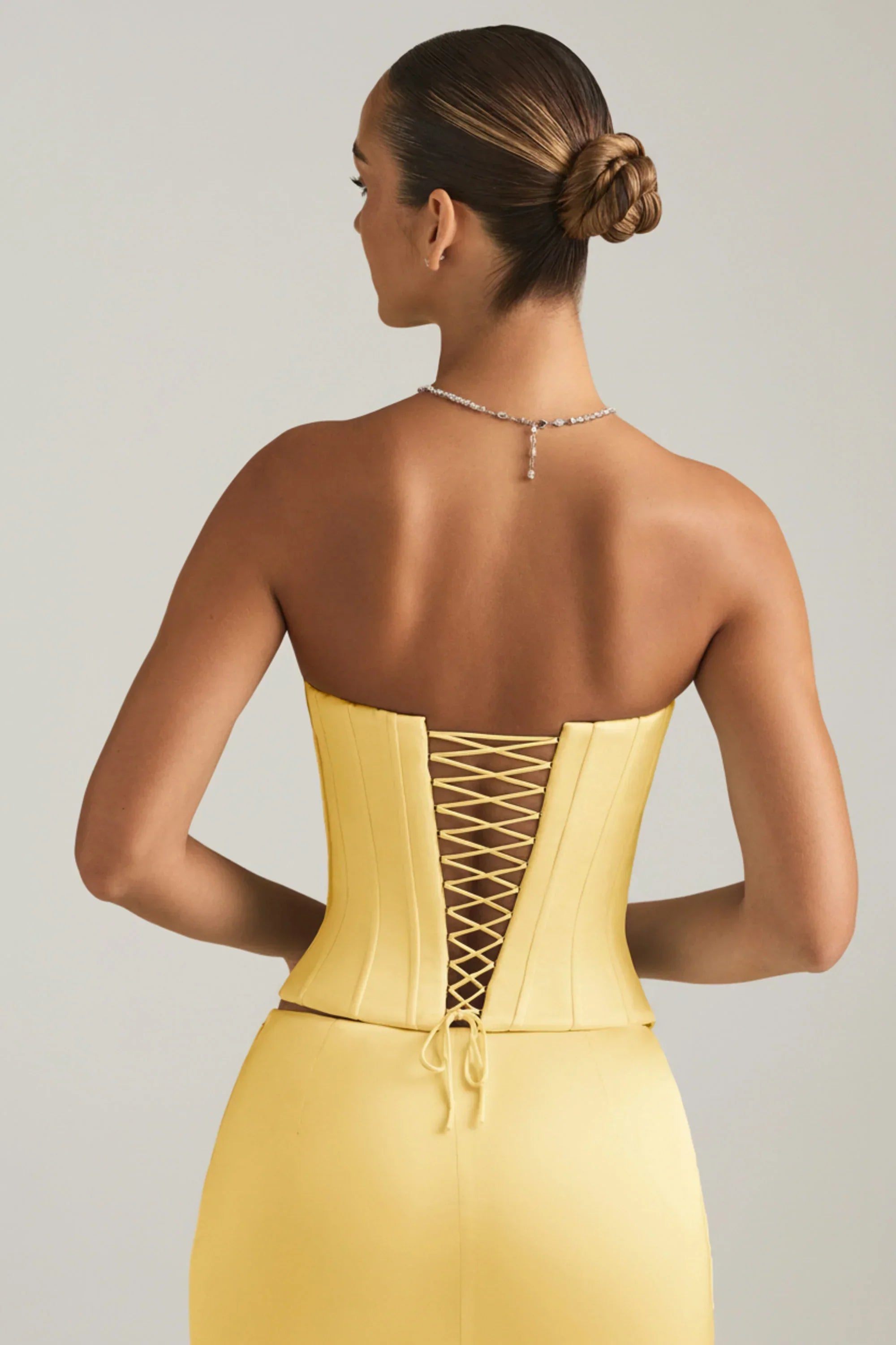 Satin Lace Up Corset Top in Pastel Yellow