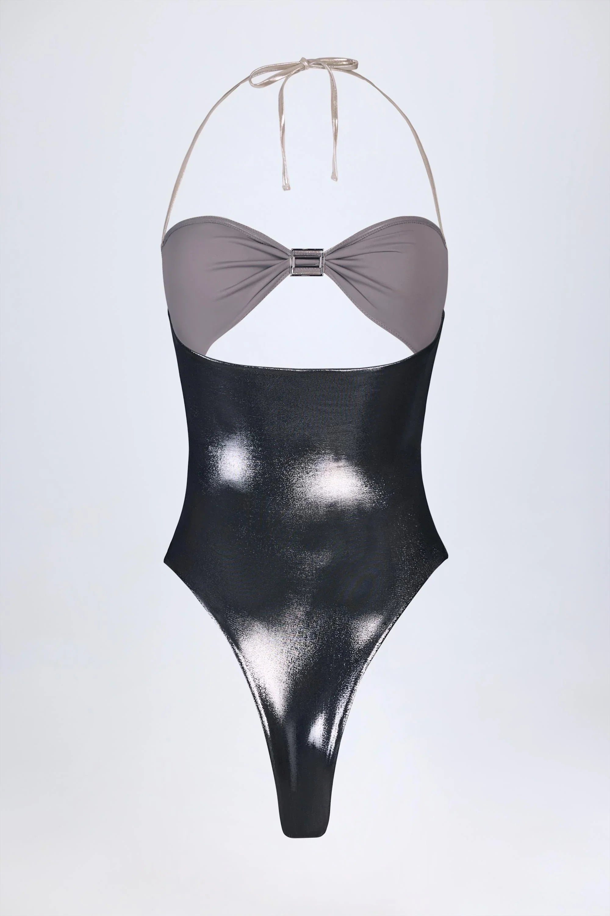 Panelled Cut out Swimsuit in Silver Chrome