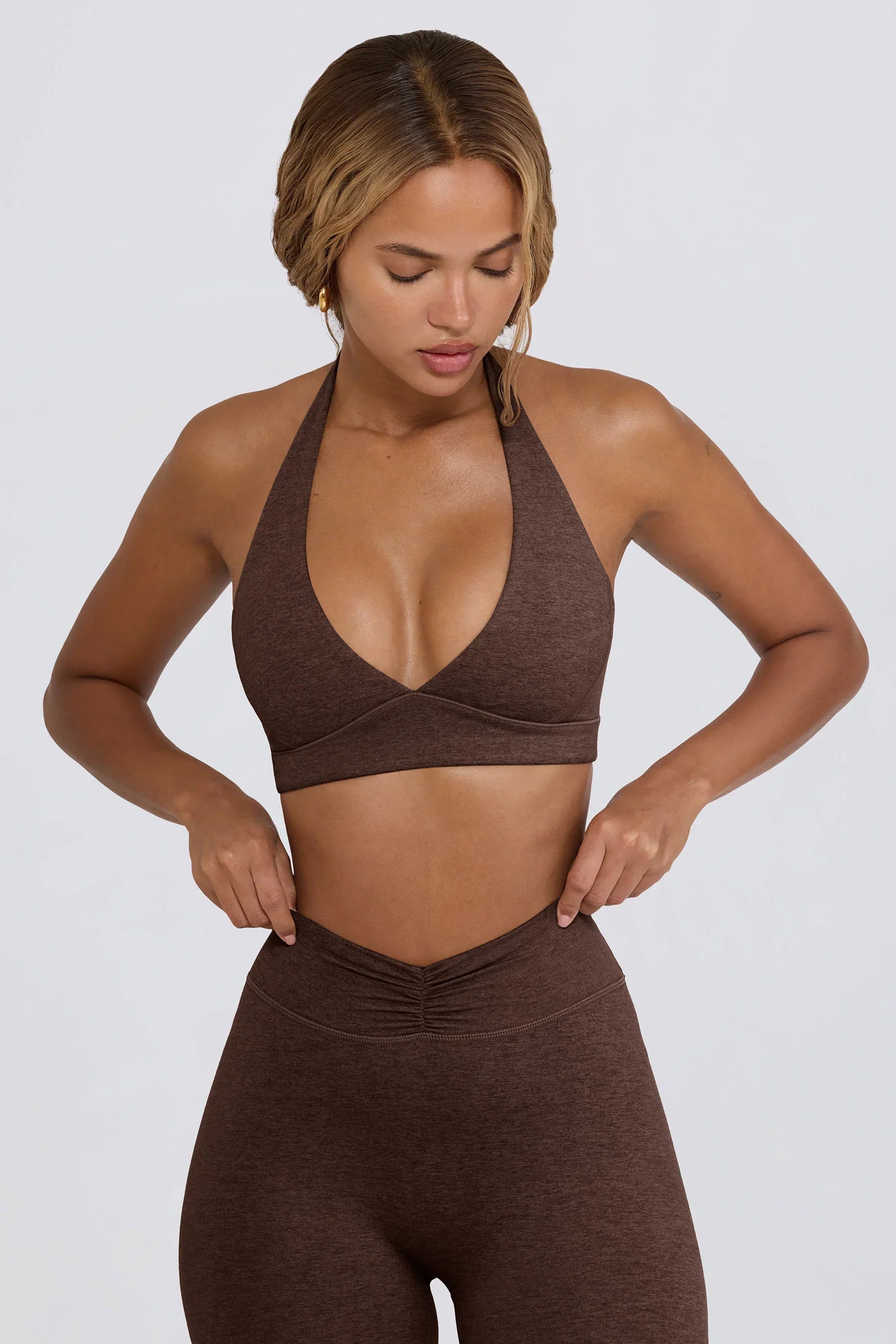 Brushed Jersey V Neck Sports Bra in Pecan Marl