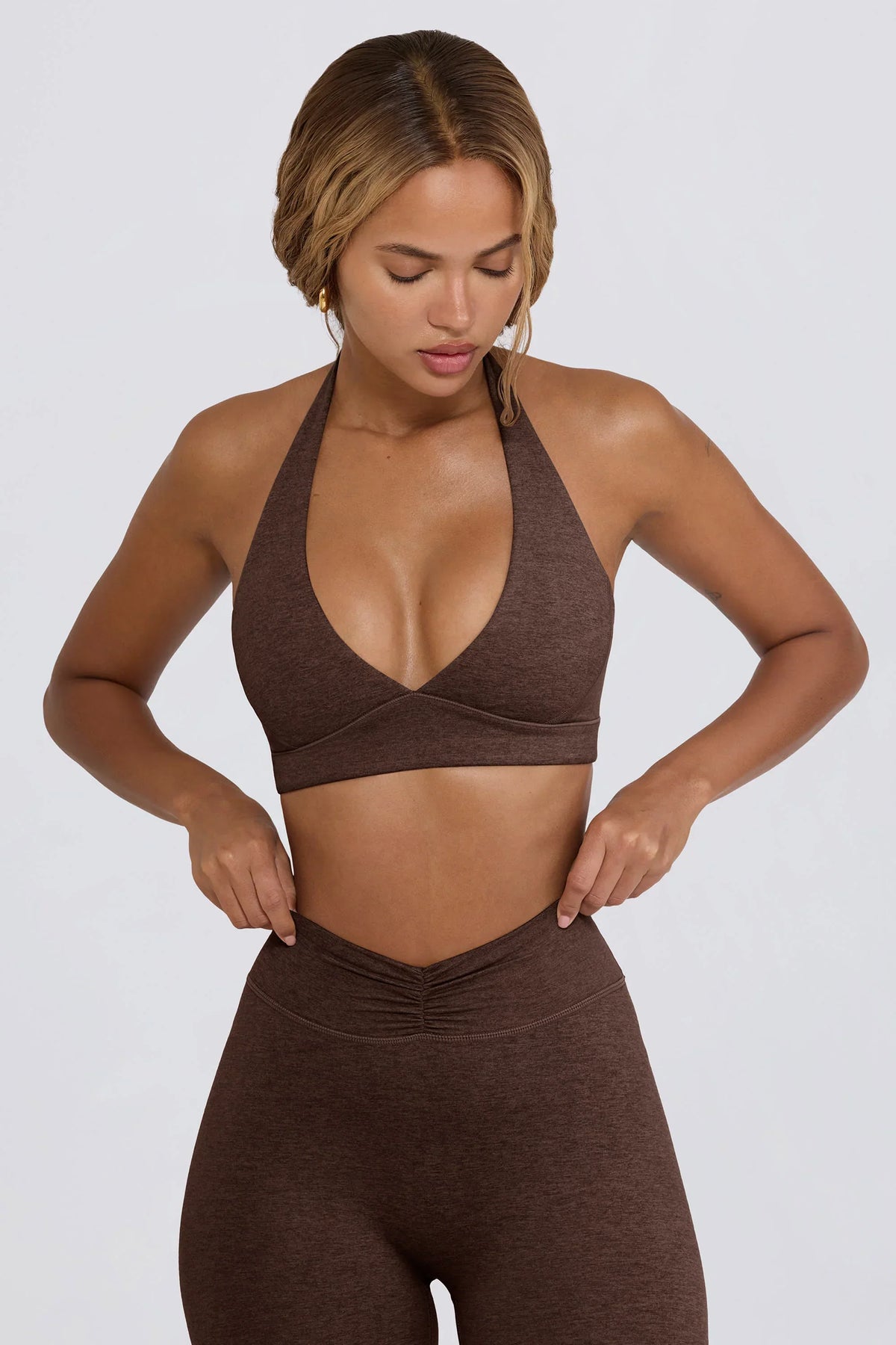 Brushed Jersey V Neck Sports Bra in Pecan Marl