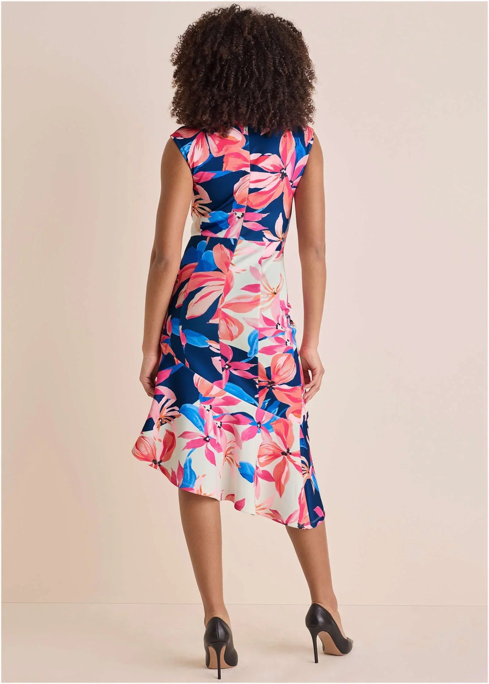 Ruffle Trim Scuba Dress Flower Wave