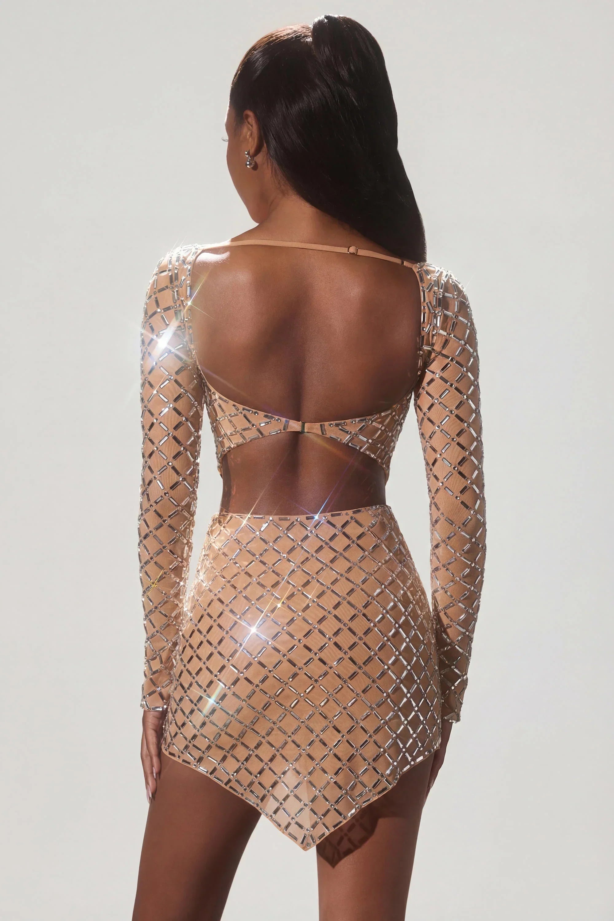 Embellished Asymmetric Mid Rise Mini Skirt in Almond