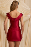 Satin Off Shoulder Draped Mini Dress in True Red