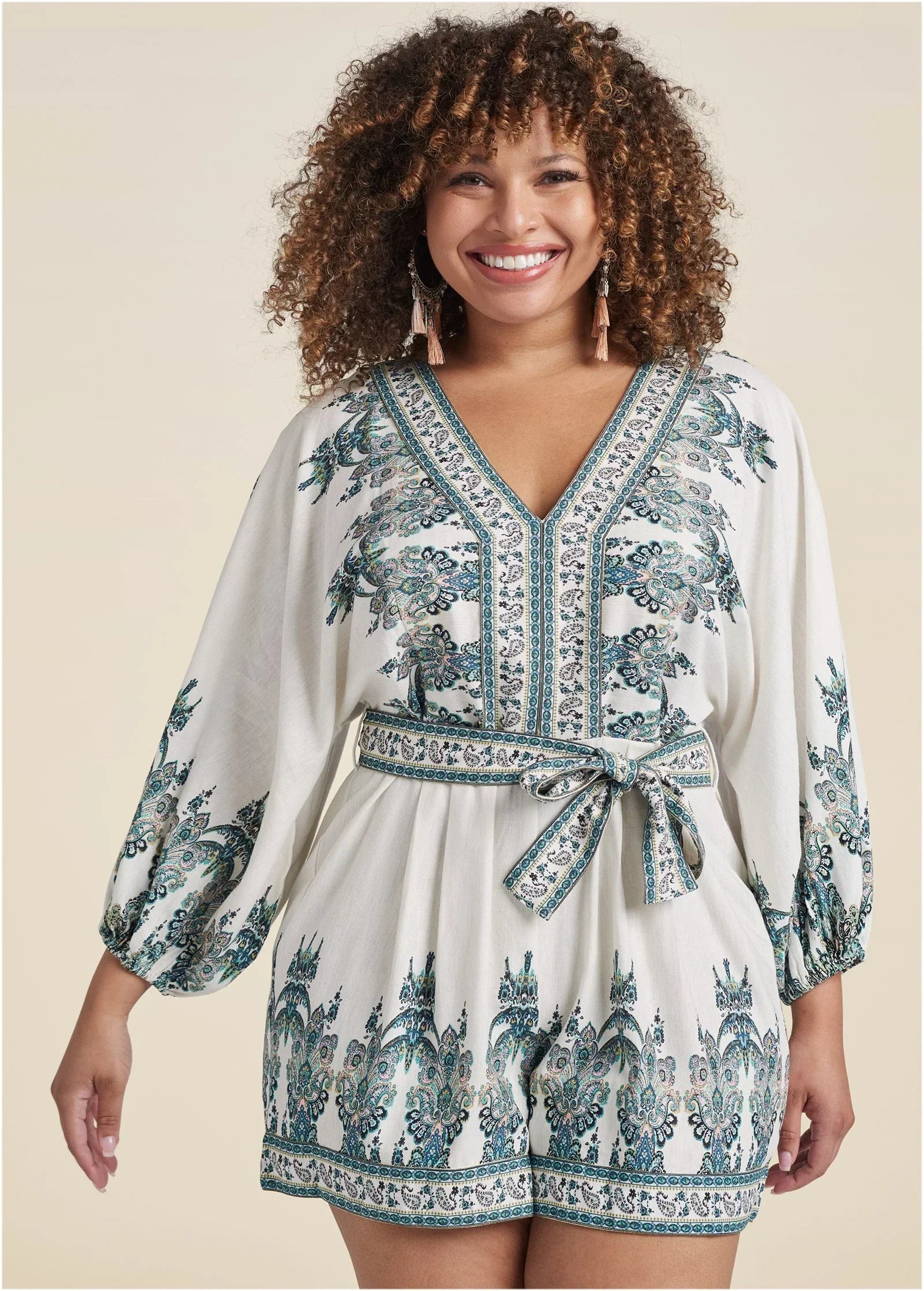 Paisley Print Linen Romper White Multi