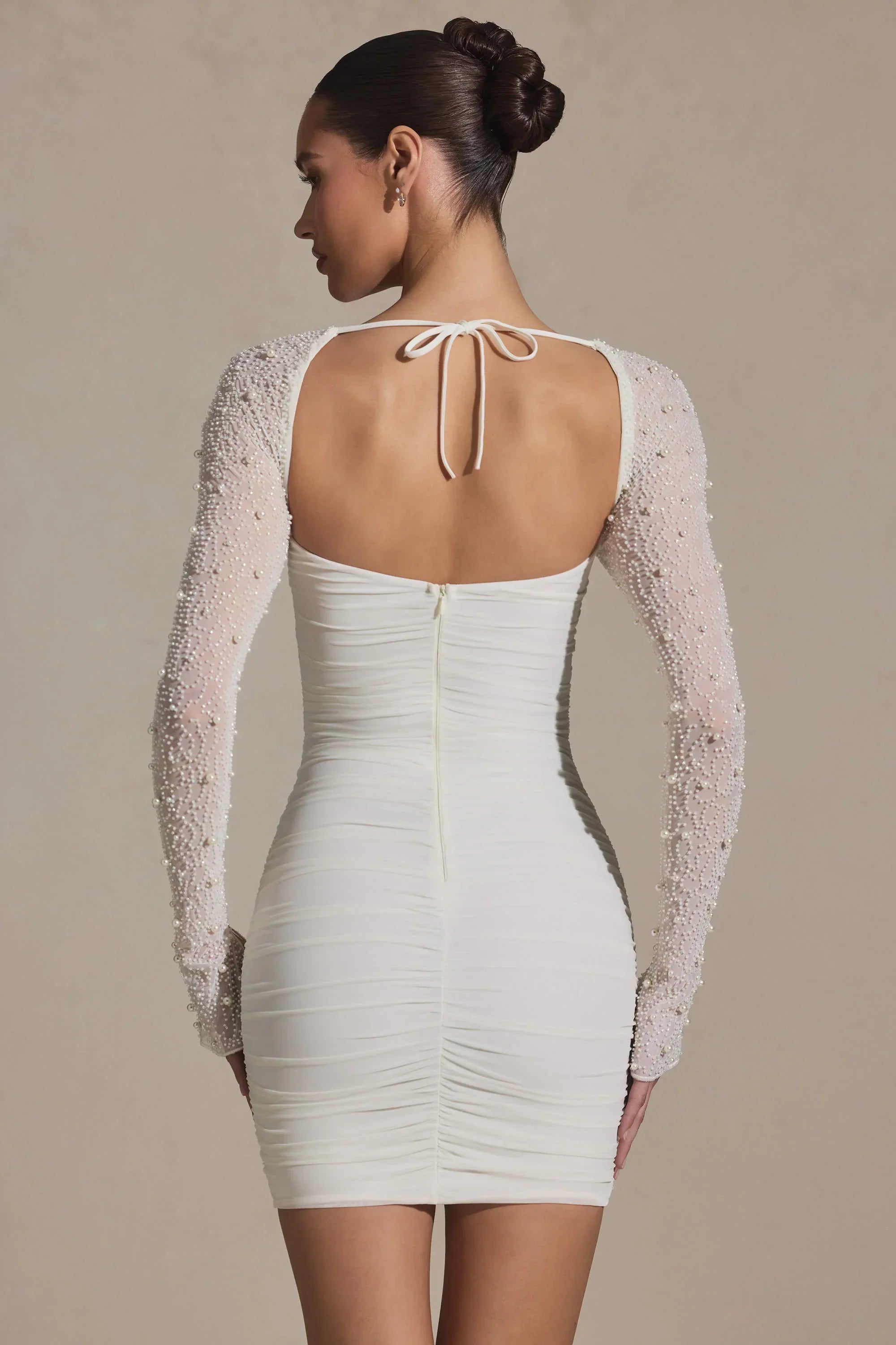 Embellished Long Sleeve Mini Dress in White