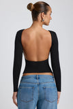 Modal High Neck Long Sleeve Open Back Top in Black