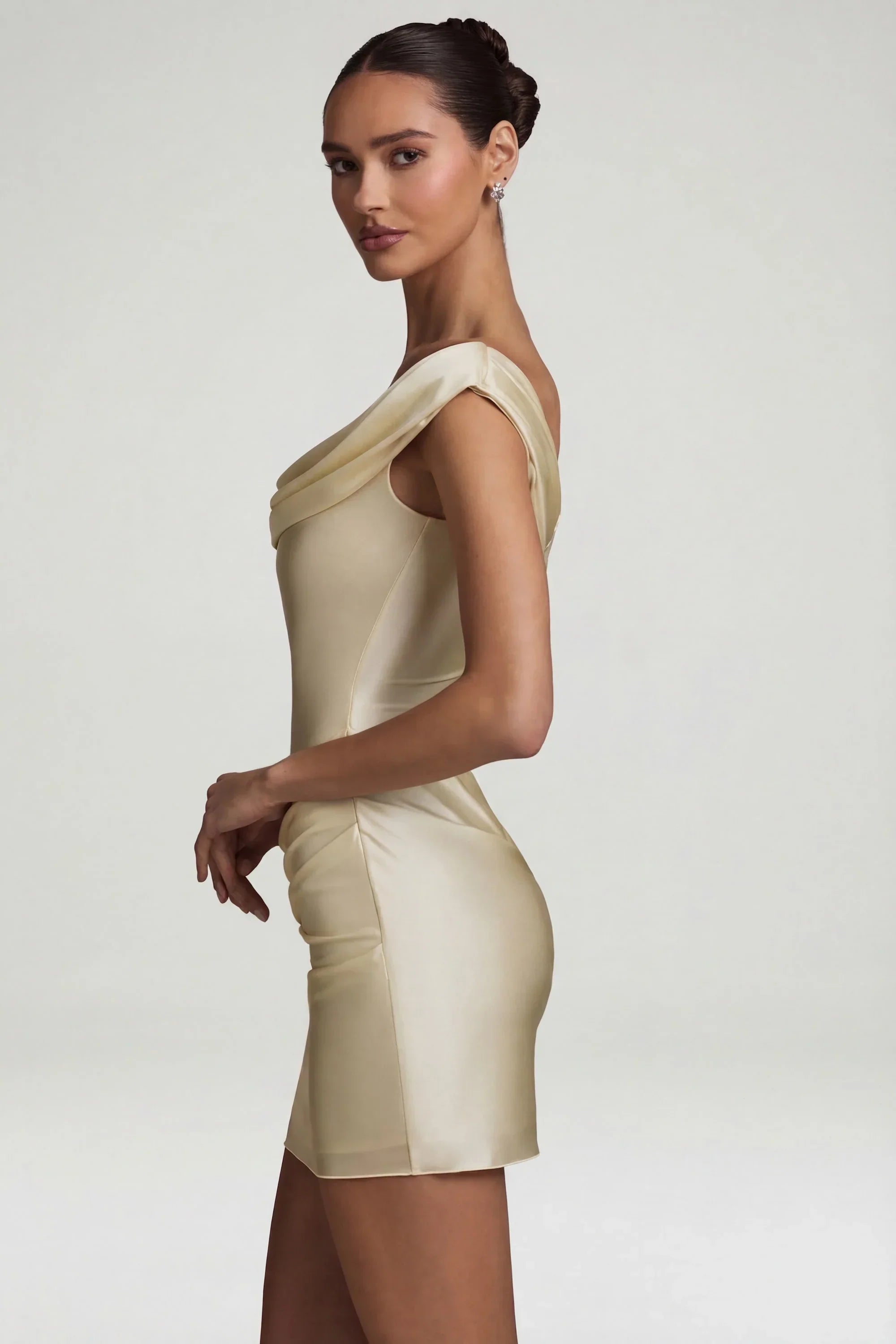 Satin Off Shoulder Draped Mini Dress in Ivory