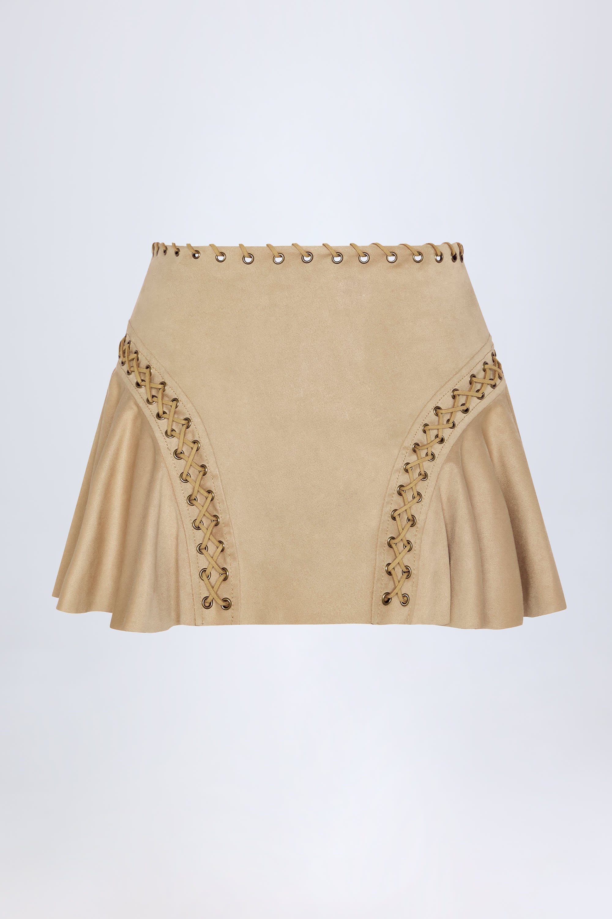 Lace Up Mid Rise Mini Skirt in Tan