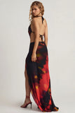 Mid Rise Split Maxi Skirt in Red Blurred Print