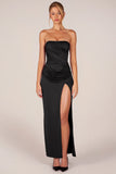 Bandeau Draped Thigh High Maxi Dress in Black