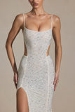 Embellished Cut Out Fishtail Maxi Dress in White