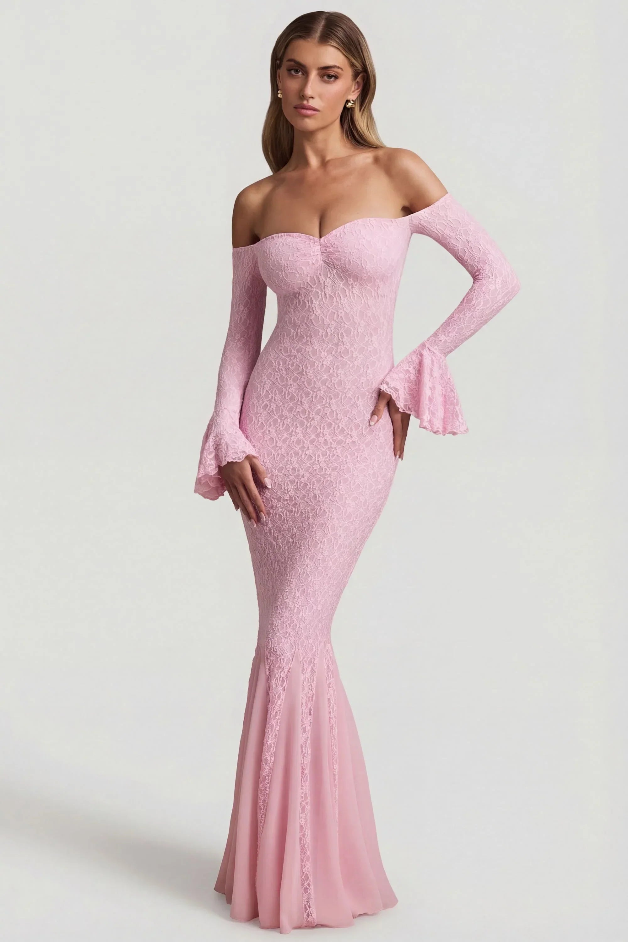 Off Shoulder Ruffle Lace Maxi Dress in Soft Pink