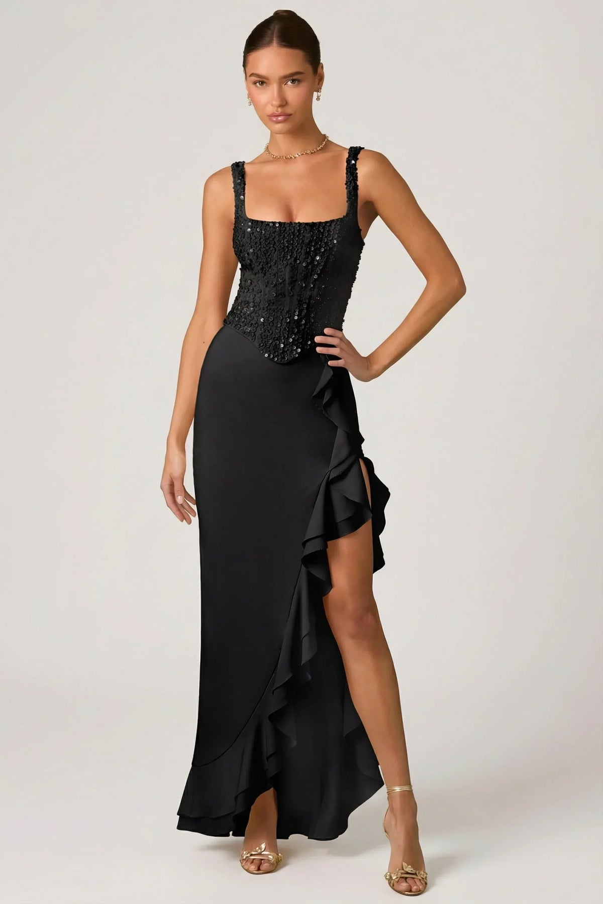 Embellished Ruffle Trim Corset Gown in Black