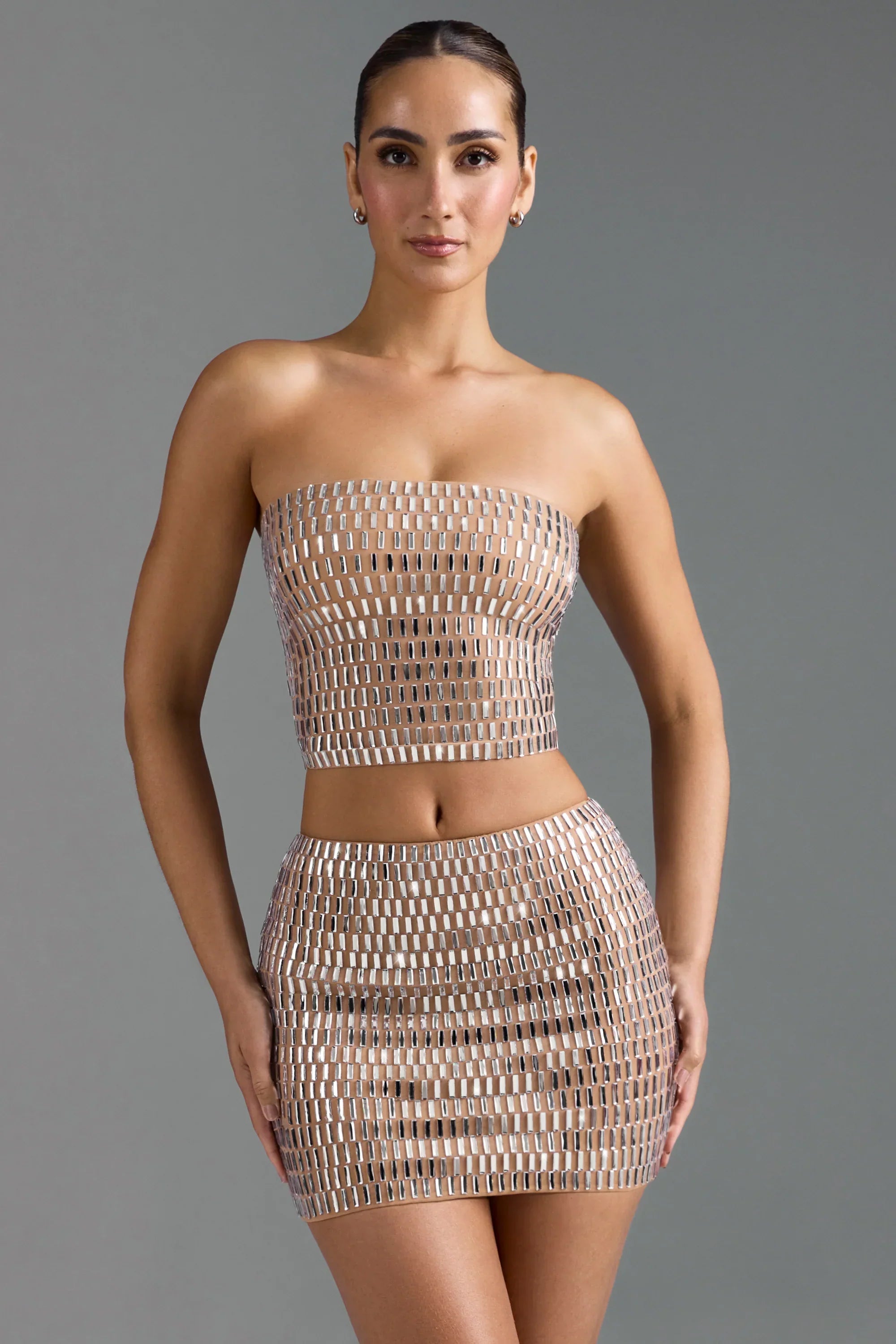 Embellished Low Rise Micro Mini Skirt in Almond