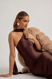 Asymmetric Scarf Detail Midaxi Dress in Chocolate Brown