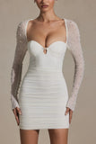 Embellished Long Sleeve Mini Dress in White